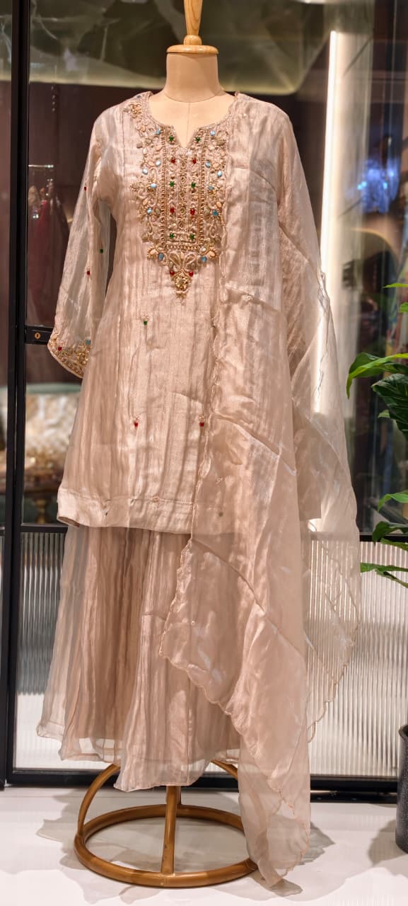 Premium Butter Shine Antique Hand Embellished Yoke Crush Tissue Full Suit Set With Dupatta- 15518