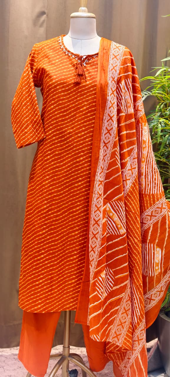Minimal Neck Work Soft Cotton Leheriya Printed Full Suit Set With Dupatta- 15531