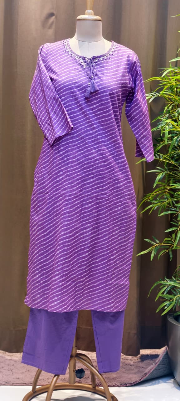 Minimal Neck Work Soft Cotton Leheriya Printed Full Suit Set With Dupatta- 15531