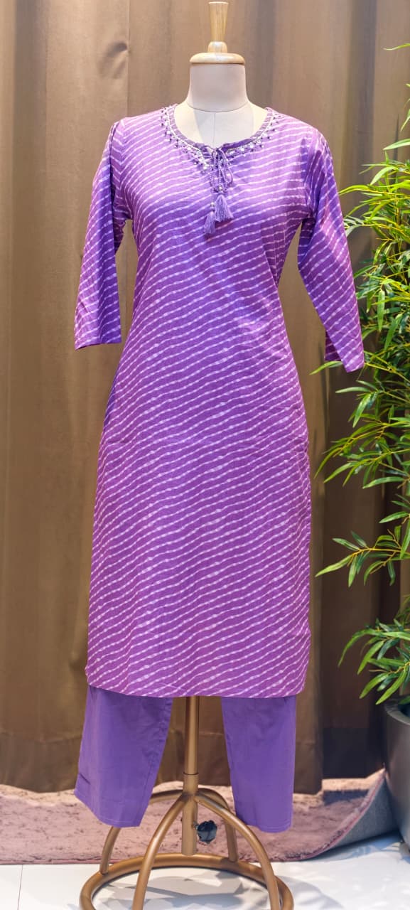 Minimal Neck Work Soft Cotton Leheriya Printed Full Suit Set With Dupatta- 15531