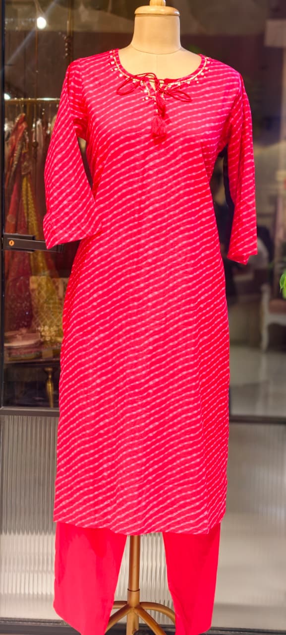 Minimal Neck Work Soft Cotton Leheriya Printed Full Suit Set With Dupatta- 15531