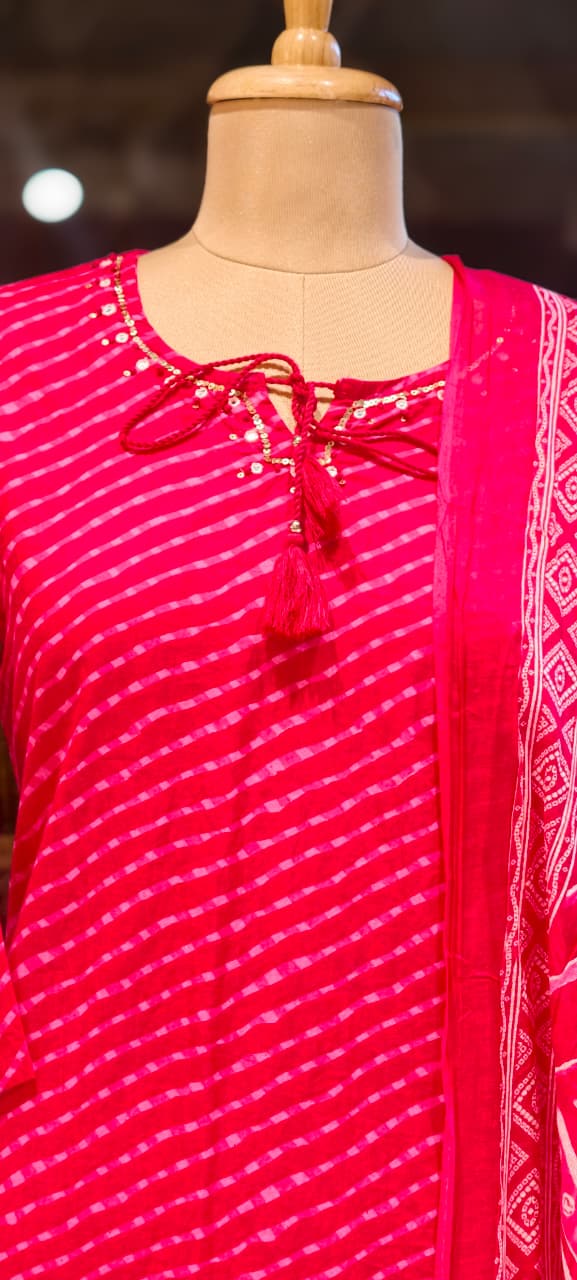 Minimal Neck Work Soft Cotton Leheriya Printed Full Suit Set With Dupatta- 15531
