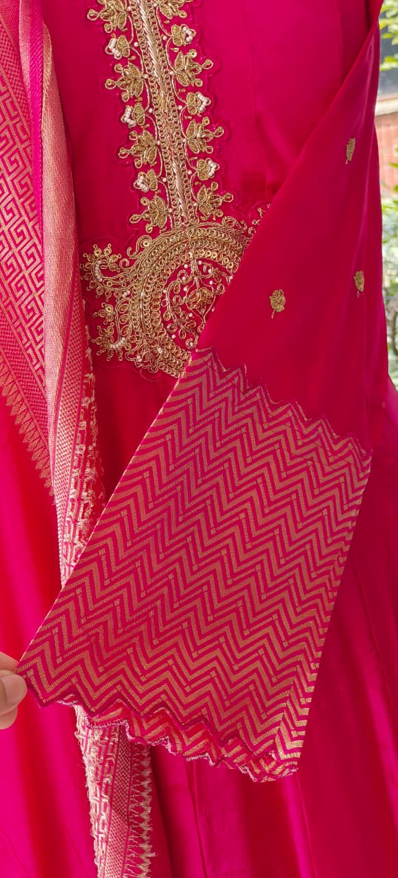 Vibrant Panel Dola Silk Anarkali Full Suit Set With Dupatta With Intricate Embroidery