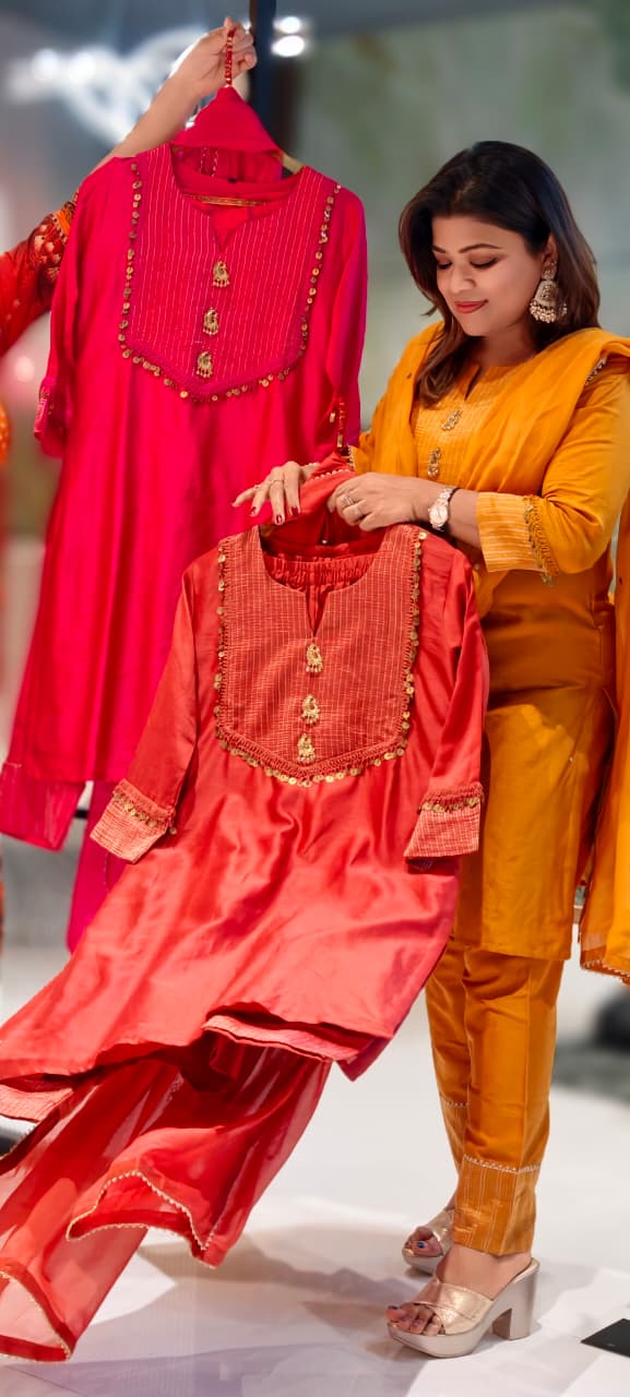 Golden Broach Look Tassel Accent Pleated Russian Silk Full Suit Set With Dupatta