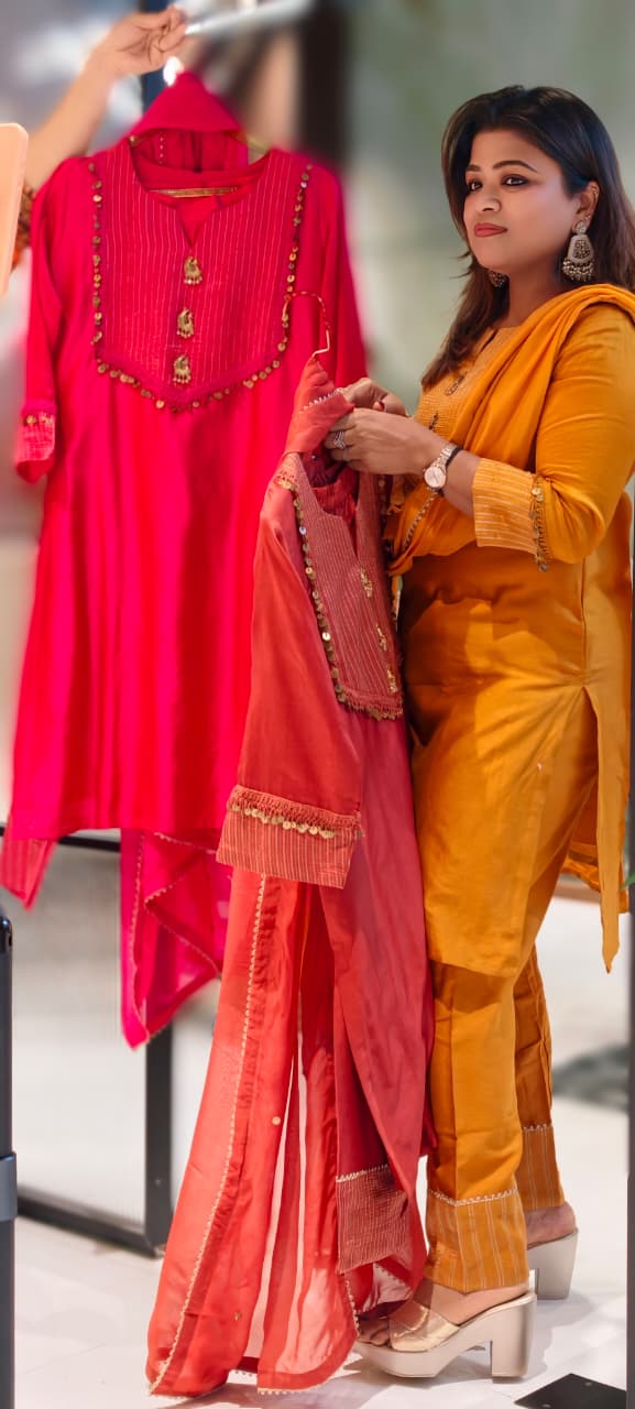 Golden Broach Look Tassel Accent Pleated Russian Silk Full Suit Set With Dupatta