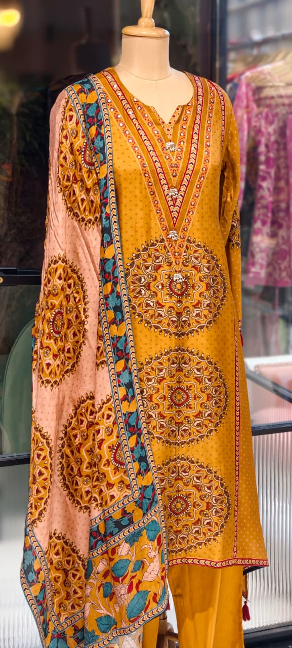 Ajrakh Print Russian Silk A-Line Full Suit Set With Dupatta
