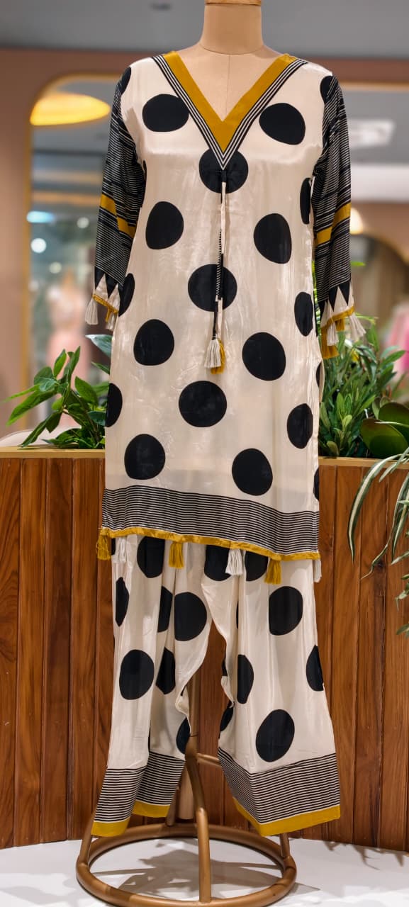 Huge Polka Dotted Geometric Prints Tassel Accent Farshi Salwar Full Suit Set With Dupatta- 15557