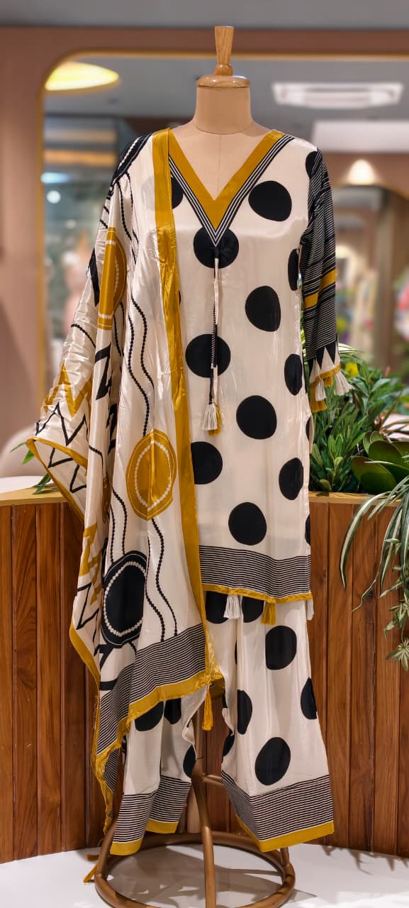 Huge Polka Dotted Geometric Prints Tassel Accent Farshi Salwar Full Suit Set With Dupatta- 15557