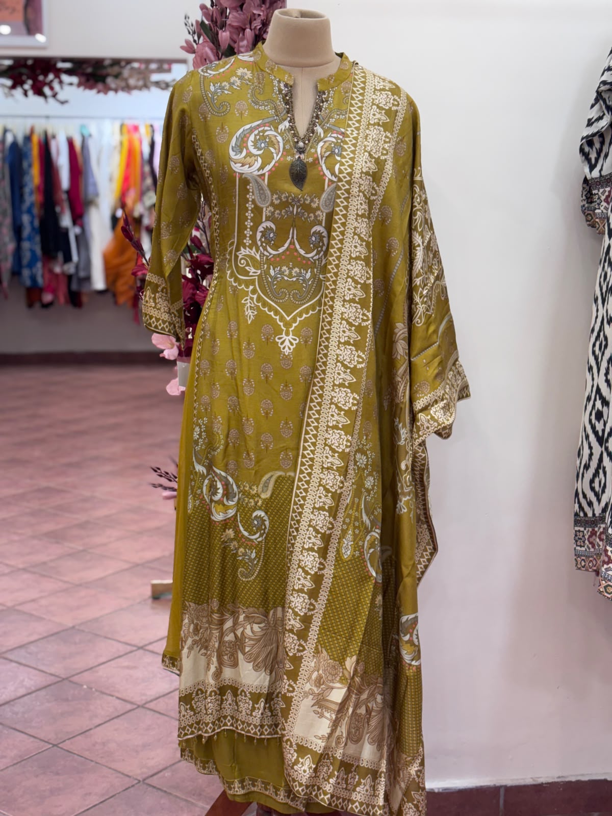 Stylish Lawn Print A-Line Flared Russian Silk Full Suit Set With Dupatta