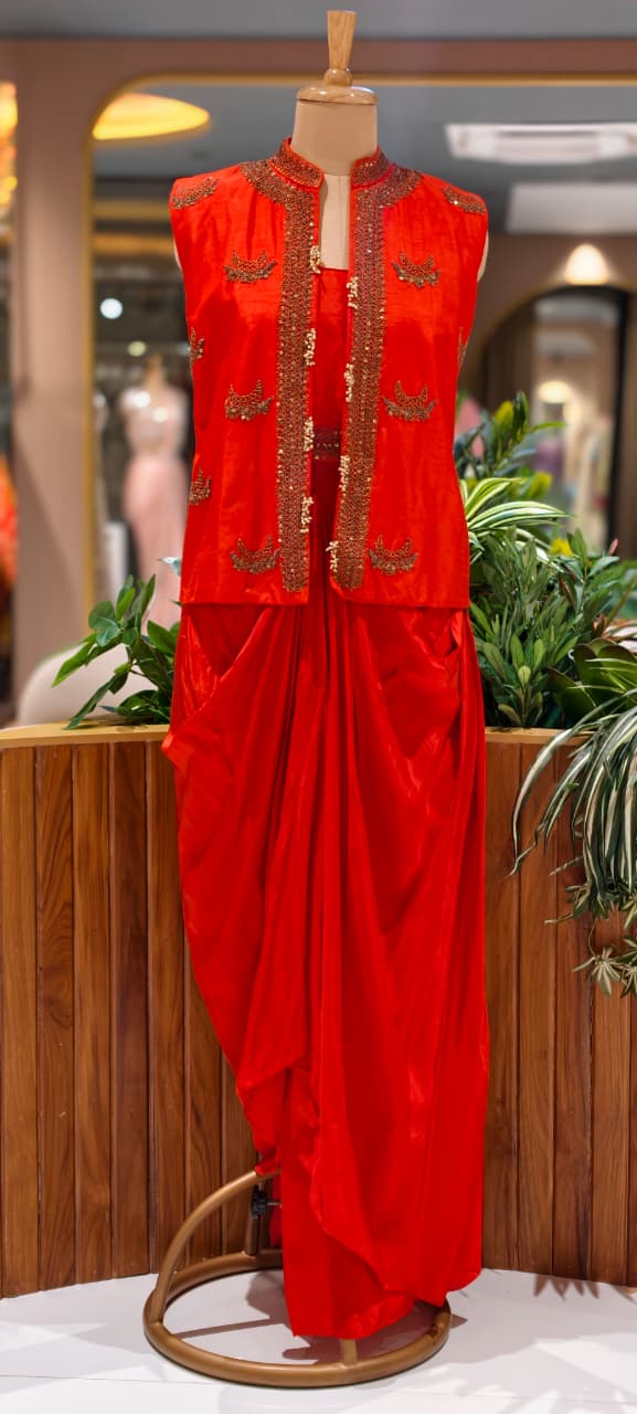 Heavy Embroidered Sequin Embellishment Jacket With Buster & Drape Dhoti Skirt- 15533