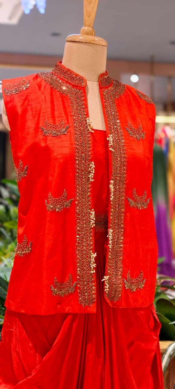 Heavy Embroidered Sequin Embellishment Jacket With Buster & Drape Dhoti Skirt- 15533