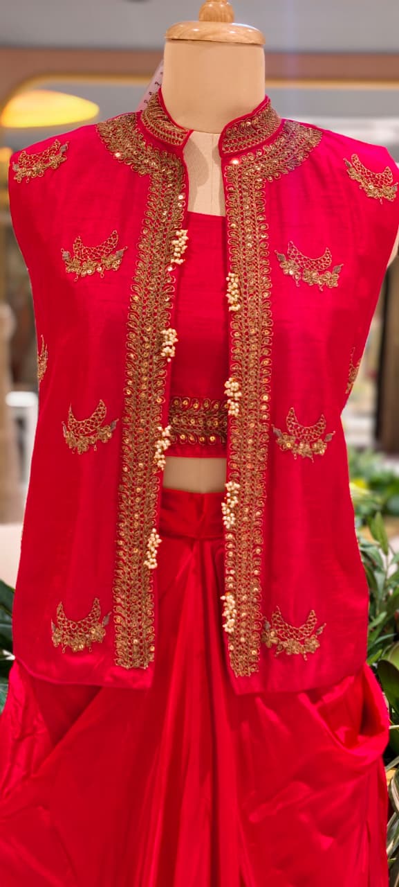Heavy Embroidered Sequin Embellishment Jacket With Buster & Drape Dhoti Skirt- 15533