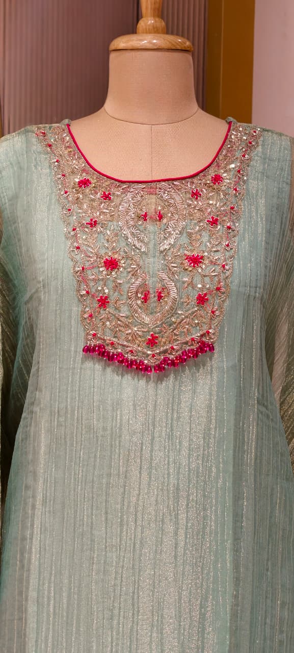 Royal Zardosi Work Beads Tassel Yoke With Pearl Bordered Tissue Kaftan & Loose Palazzo Bottom- 15559
