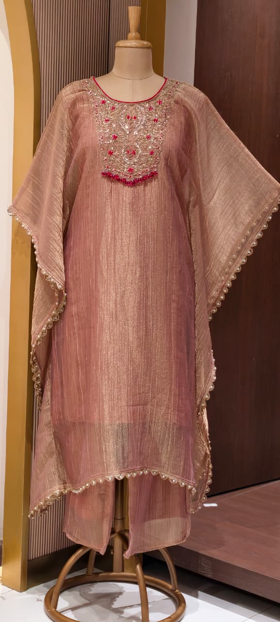 Royal Zardosi Work Beads Tassel Yoke With Pearl Bordered Tissue Kaftan & Loose Palazzo Bottom- 15559