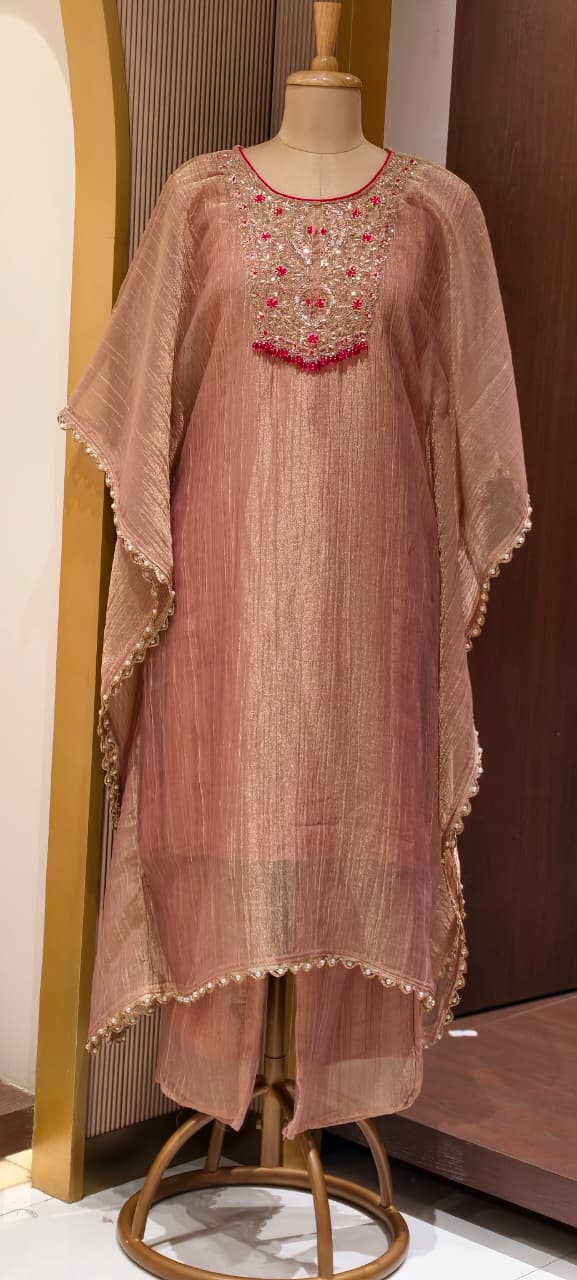 Royal Zardosi Work Beads Tassel Yoke With Pearl Bordered Tissue Kaftan & Loose Palazzo Bottom- 15559