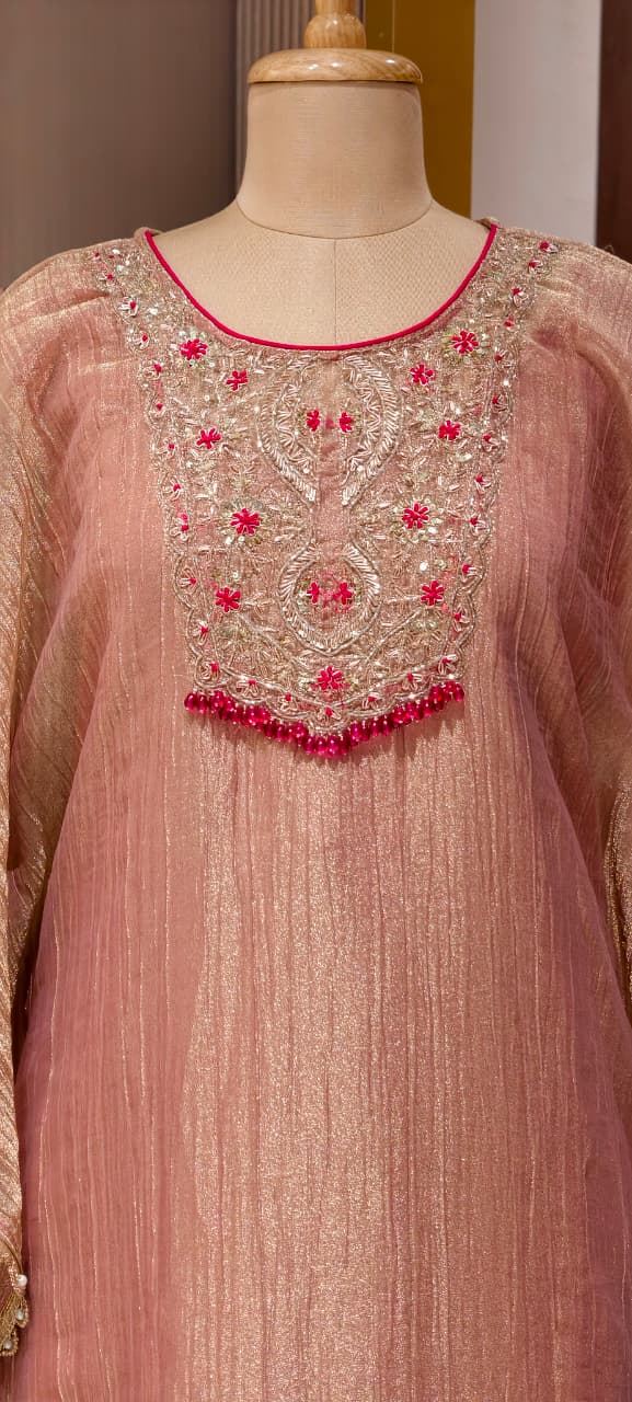 Royal Zardosi Work Beads Tassel Yoke With Pearl Bordered Tissue Kaftan & Loose Palazzo Bottom- 15559