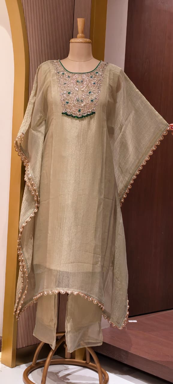 Royal Zardosi Work Beads Tassel Yoke With Pearl Bordered Tissue Kaftan & Loose Palazzo Bottom- 15559