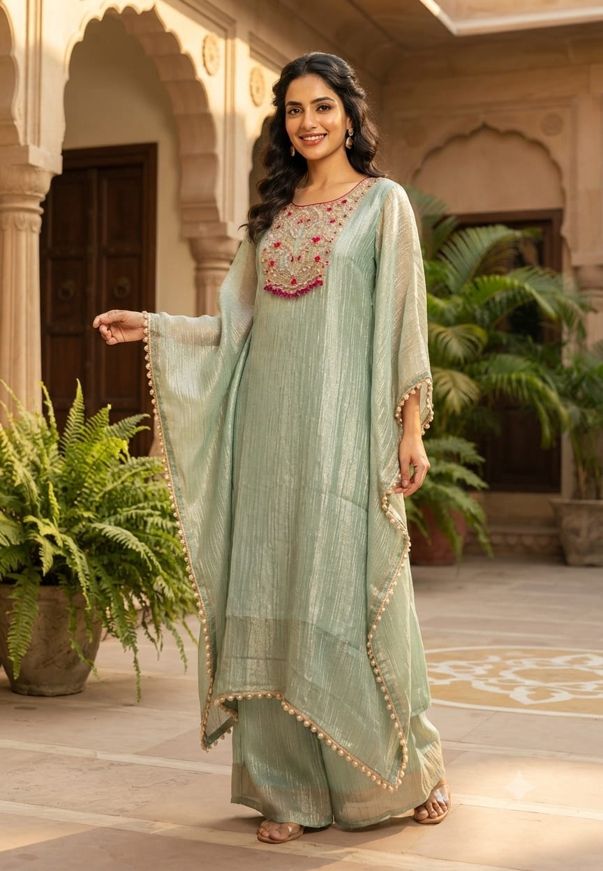 Royal Zardosi Work Beads Tassel Yoke With Pearl Bordered Tissue Kaftan & Loose Palazzo Bottom- 15559