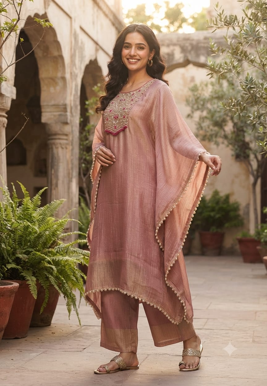 Royal Zardosi Work Beads Tassel Yoke With Pearl Bordered Tissue Kaftan & Loose Palazzo Bottom- 15559
