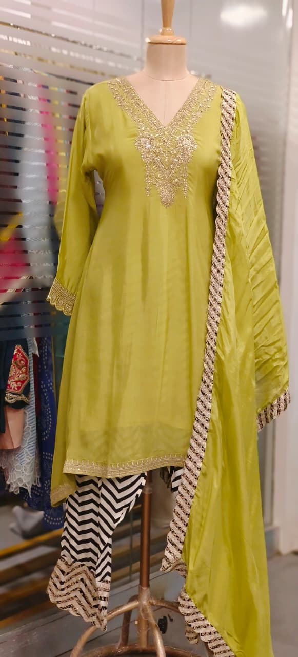 Stripe Elegance Solid A-Line Zari Embroidered Full Suit Set With Dupatta