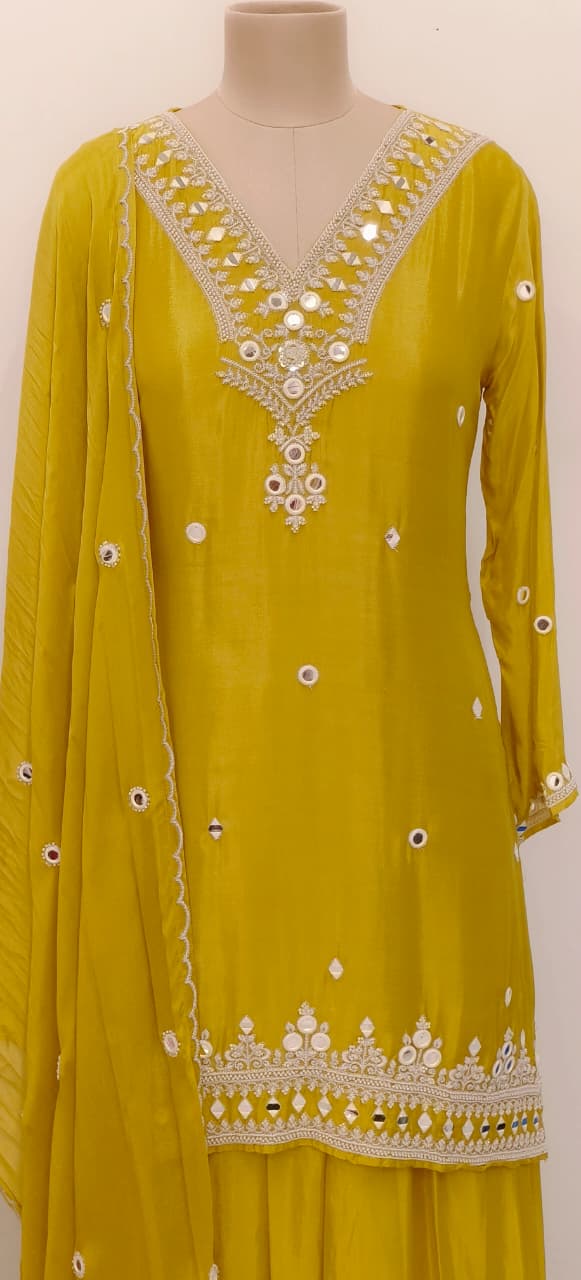 Foil Mirror Intricate Thread Embroidery Chinon Palazzo Full Suit Set With Dupatta