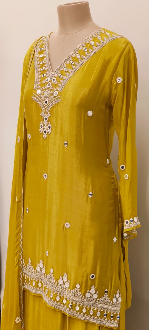 Foil Mirror Intricate Thread Embroidery Chinon Palazzo Full Suit Set With Dupatta