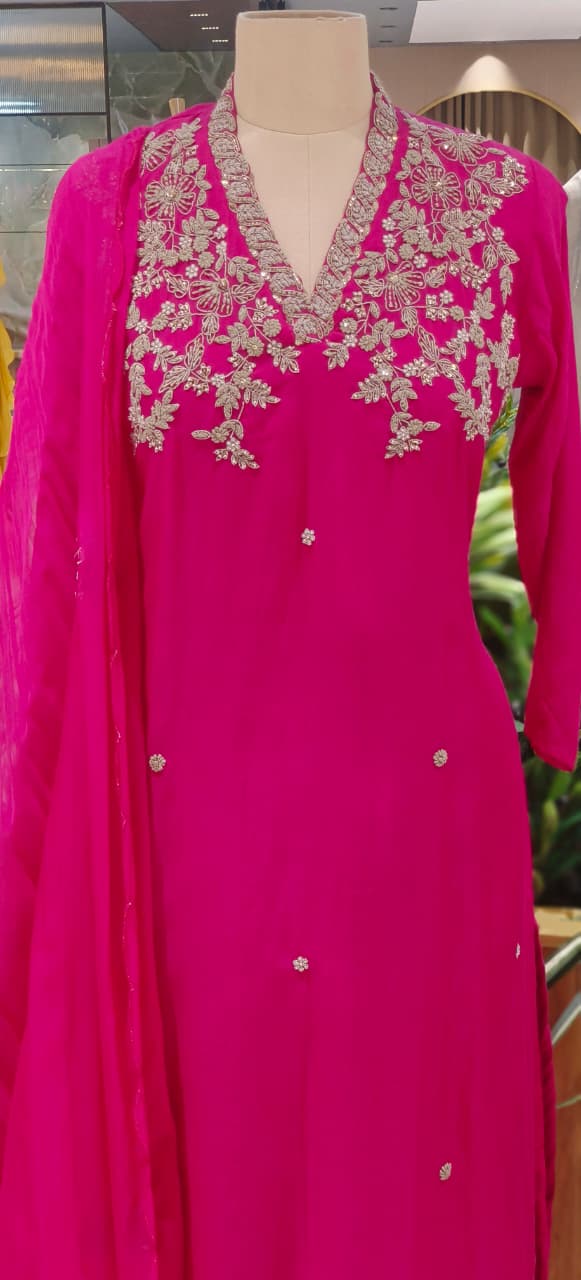 Magenta Mul Chanderi Festive Full Suit Set with Heavy Silver Zardozi Embroidery & Dupatta- 12770