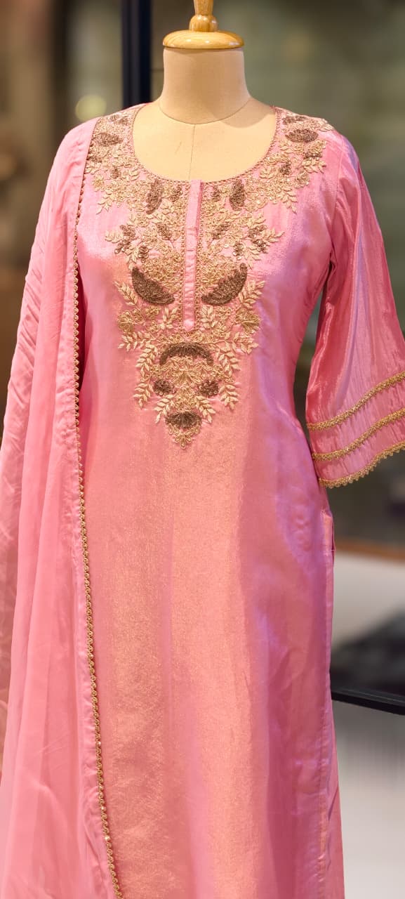 Intricate Fine Zardosi Embroidery Tissue Full Suit Set With Dupatta