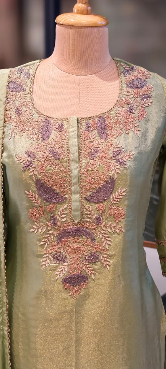 Intricate Fine Zardosi Embroidery Tissue Full Suit Set With Dupatta