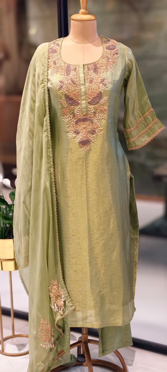 Intricate Fine Zardosi Embroidery Tissue Full Suit Set With Dupatta