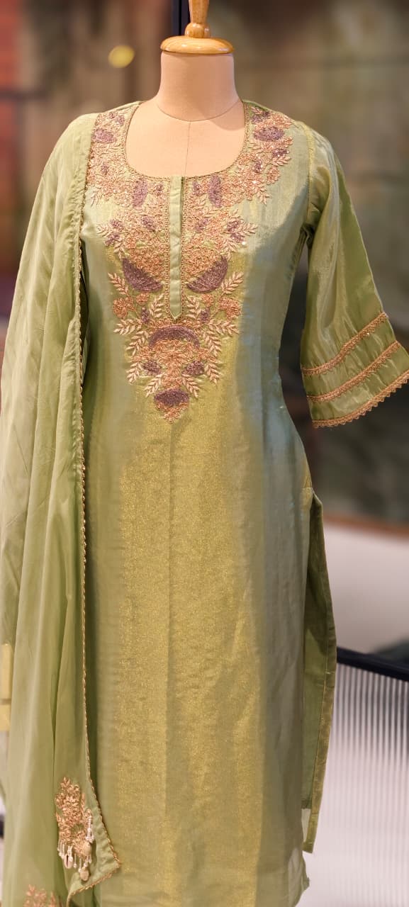 Intricate Fine Zardosi Embroidery Tissue Full Suit Set With Dupatta