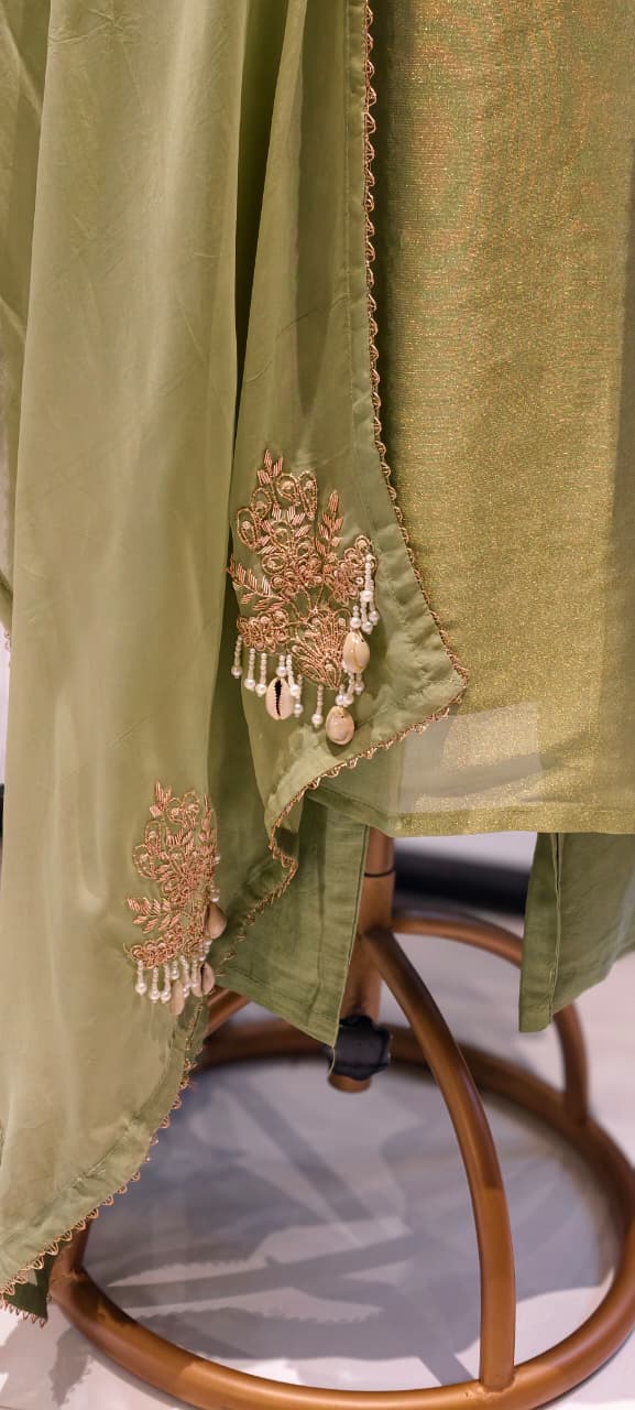 Intricate Fine Zardosi Embroidery Tissue Full Suit Set With Dupatta