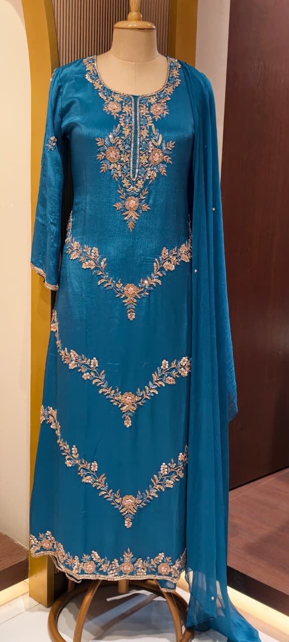Pure Chinon Pakistani Style Elegant Handwork Embroidered Full Suit Set With Dupatta
