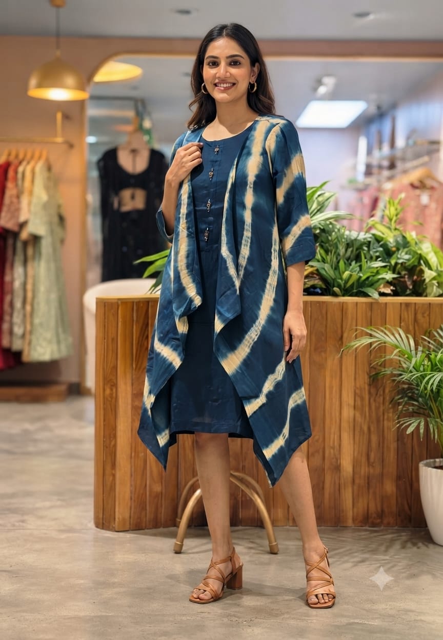 Slub Cotton Lehriya Shrug Below Knee Length Indowestern Frock-15582