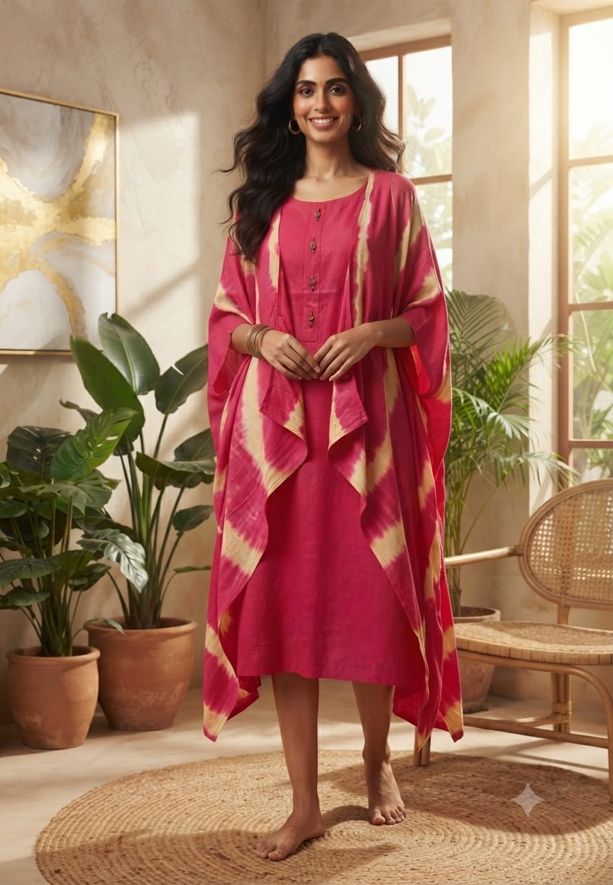Slub Cotton Lehriya Shrug Below Knee Length Indowestern Frock-15582