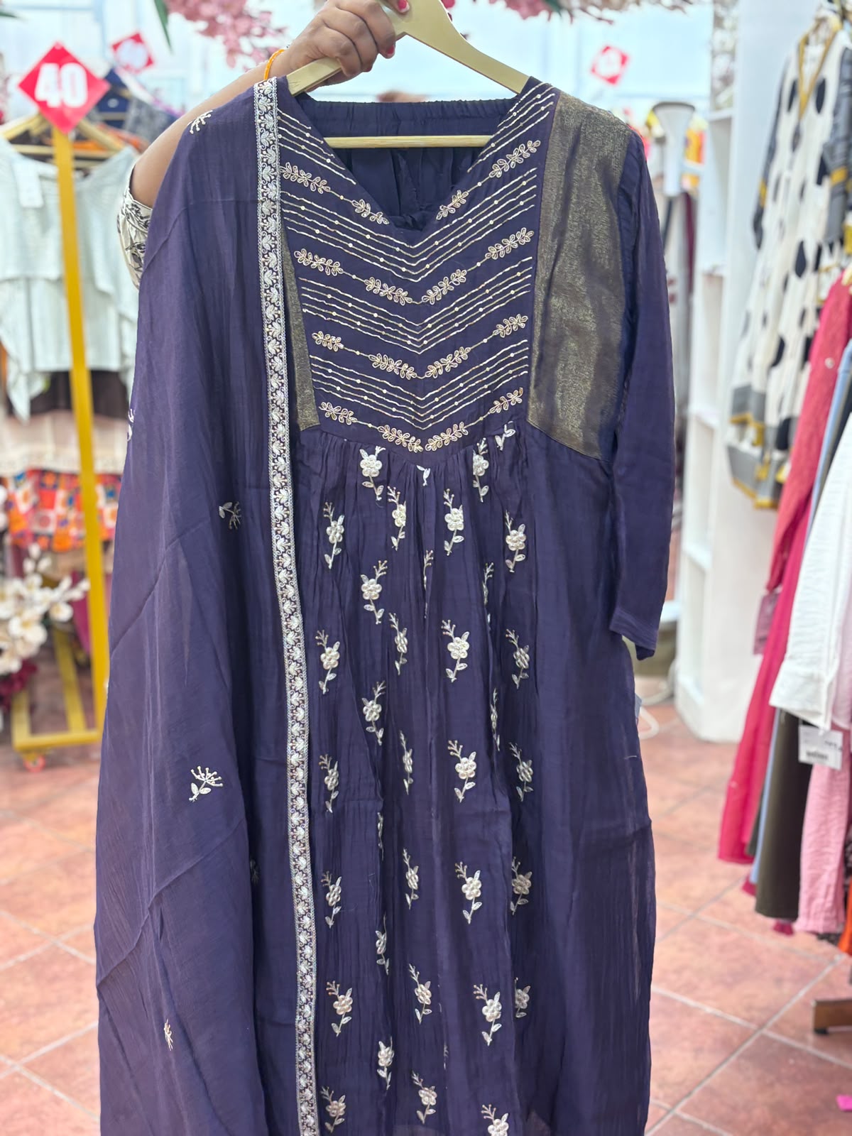 Royal Zardosi Embroidered Front Pleated A-Line Full Suit Set With Dupatta