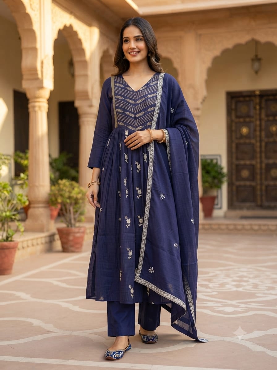 Royal Zardosi Embroidered Front Pleated A-Line Full Suit Set With Dupatta