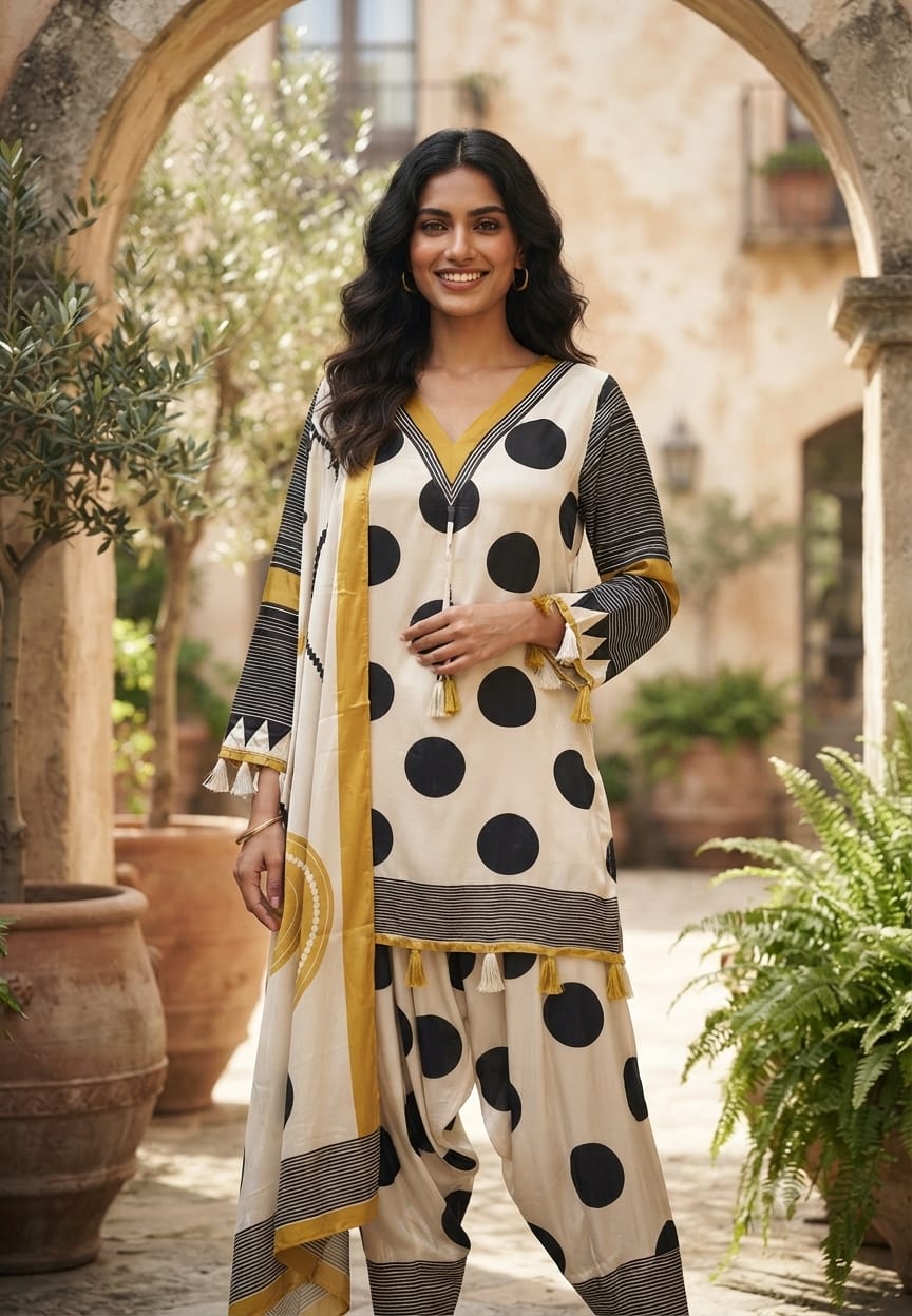 Huge Polka Dotted Geometric Prints Tassel Accent Farshi Salwar Full Suit Set With Dupatta- 15557