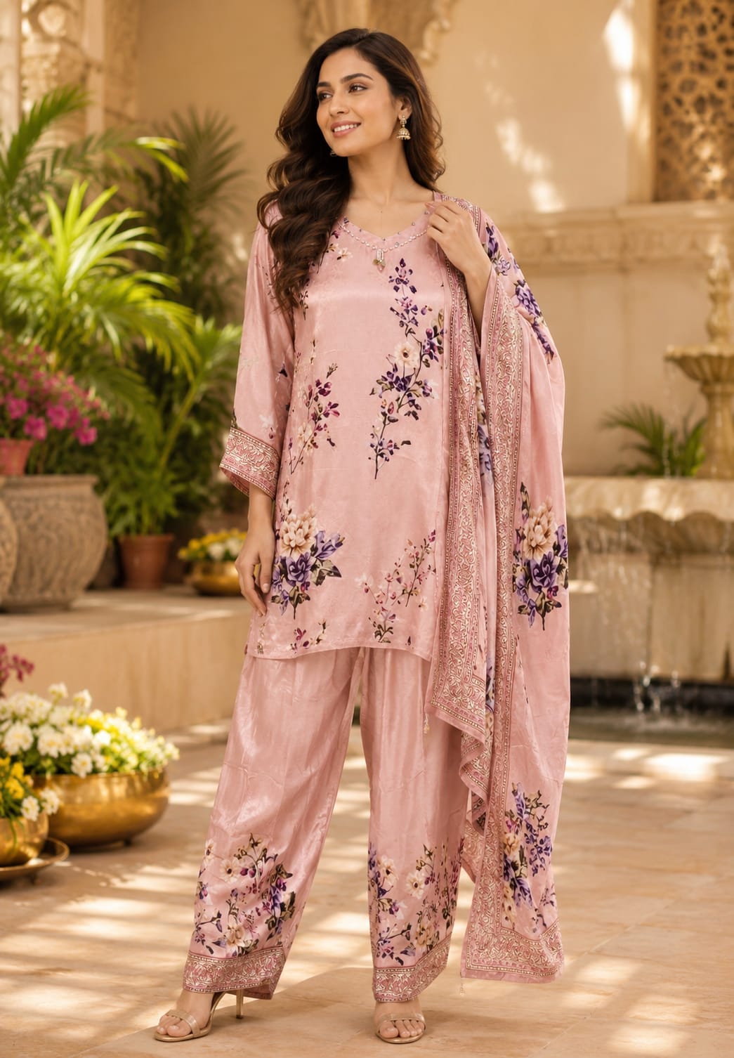 Fine Digital Floral Print Graceful Mauve Crepe Full Suit Set With Dupatta & Farsi Bottom- 15513