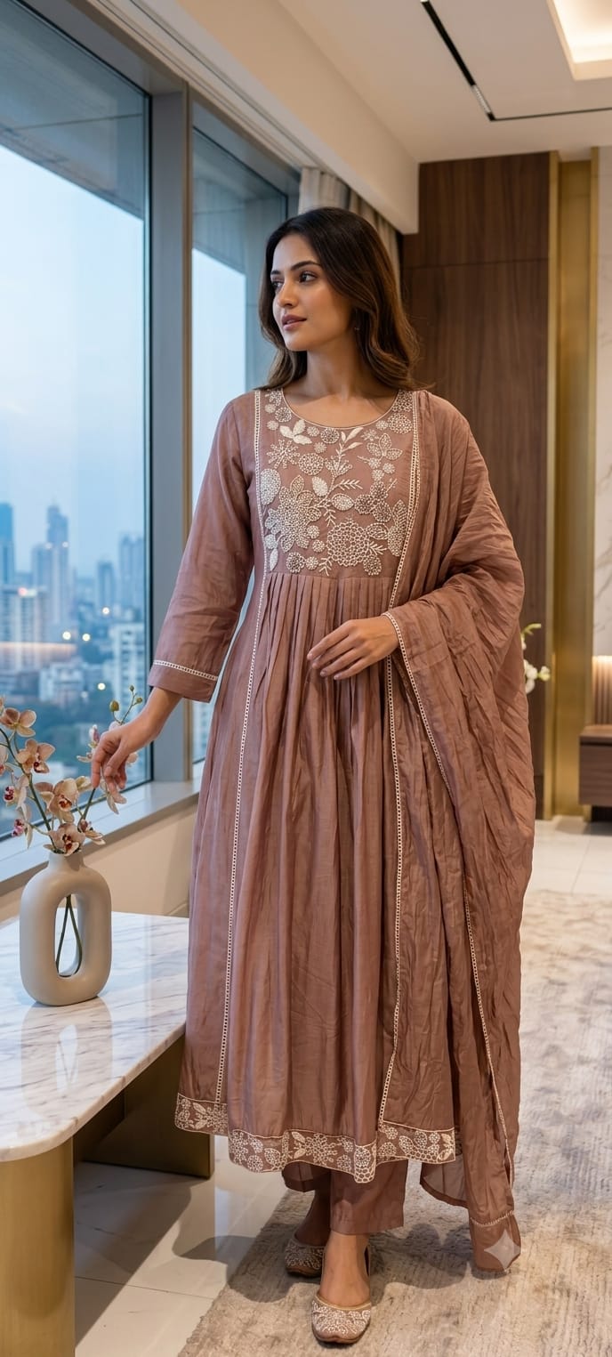 Dusty Pastel Heavy Embroidered Yoke Surat Mul-Chanderi Anarkali Full Suit set With Dupatta