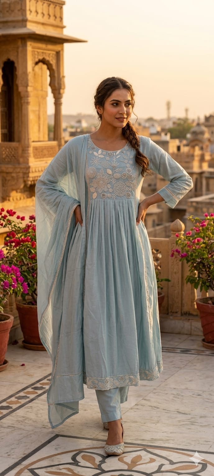Dusty Pastel Heavy Embroidered Yoke Surat Mul-Chanderi Anarkali Full Suit set With Dupatta