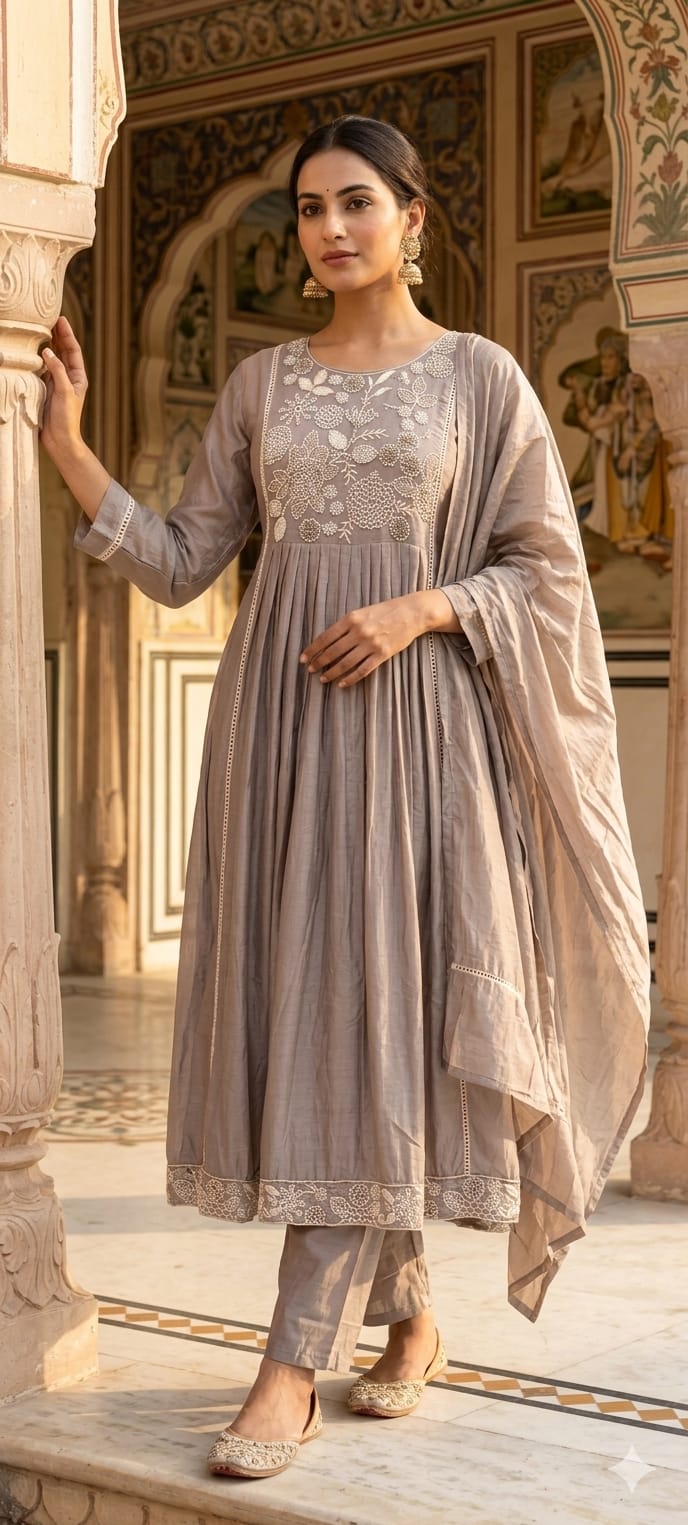 Dusty Pastel Heavy Embroidered Yoke Surat Mul-Chanderi Anarkali Full Suit set With Dupatta