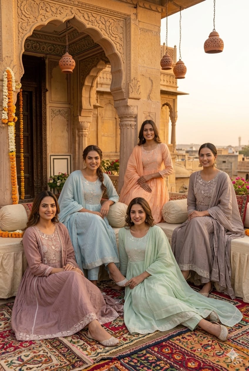 Dusty Pastel Heavy Embroidered Yoke Surat Mul-Chanderi Anarkali Full Suit set With Dupatta