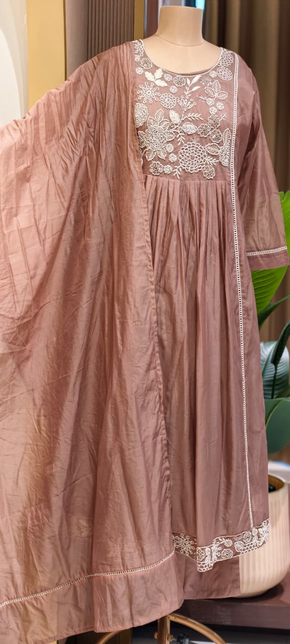Dusty Pastel Heavy Embroidered Yoke Surat Mul-Chanderi Anarkali Full Suit set With Dupatta