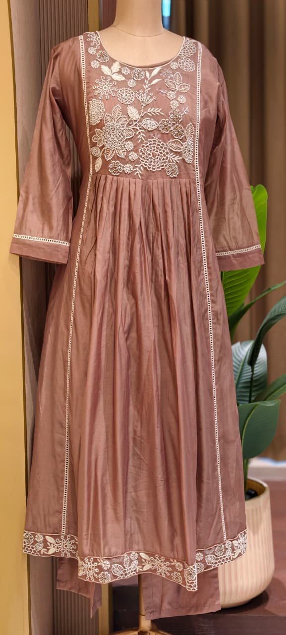 Dusty Pastel Heavy Embroidered Yoke Surat Mul-Chanderi Anarkali Full Suit set With Dupatta