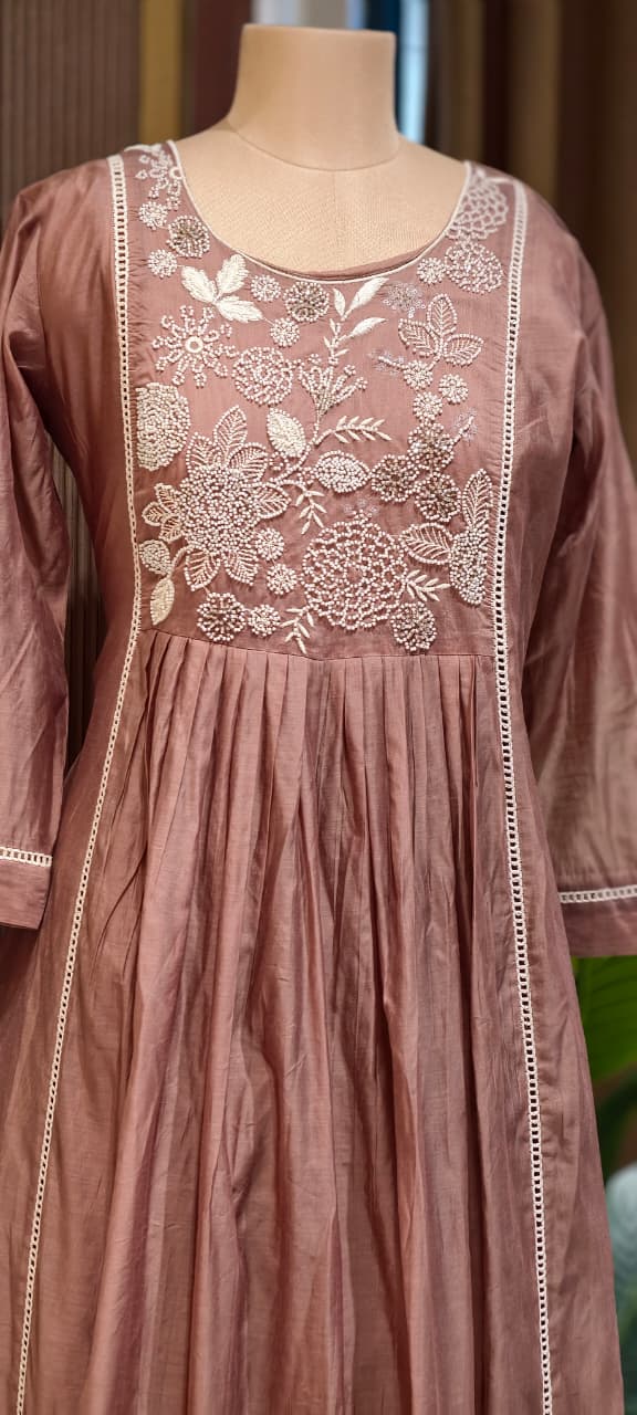 Dusty Pastel Heavy Embroidered Yoke Surat Mul-Chanderi Anarkali Full Suit set With Dupatta