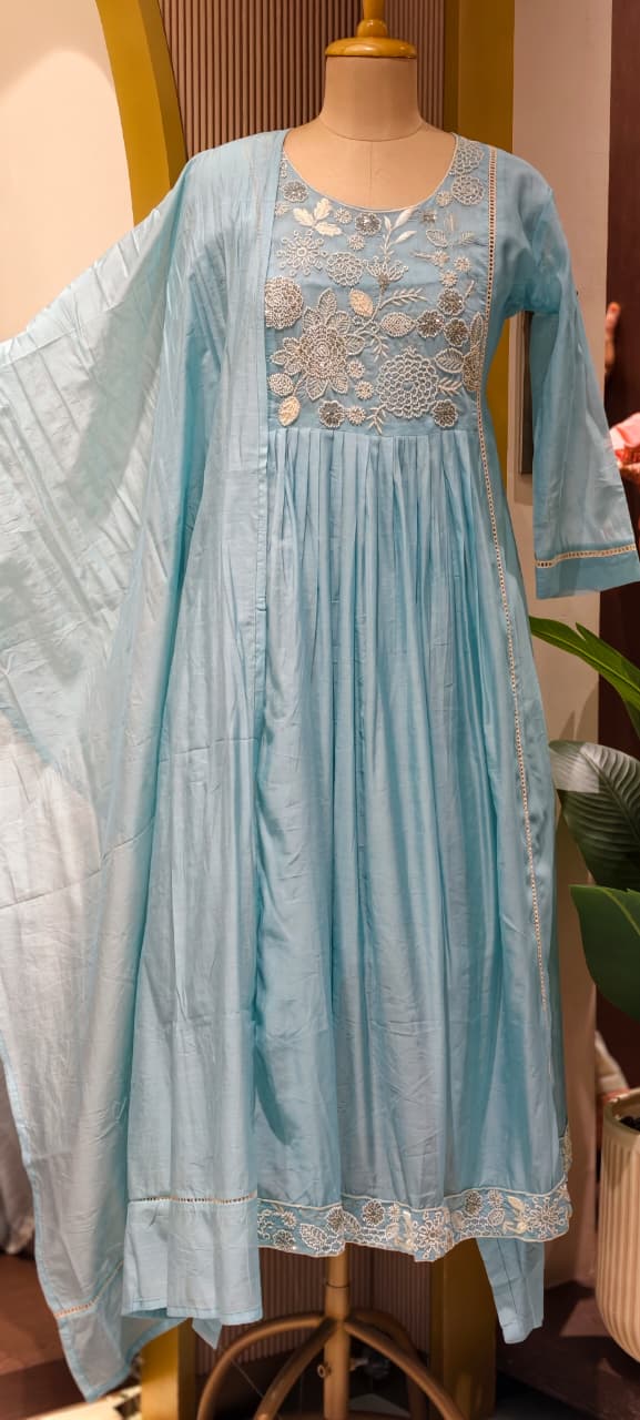 Dusty Pastel Heavy Embroidered Yoke Surat Mul-Chanderi Anarkali Full Suit set With Dupatta