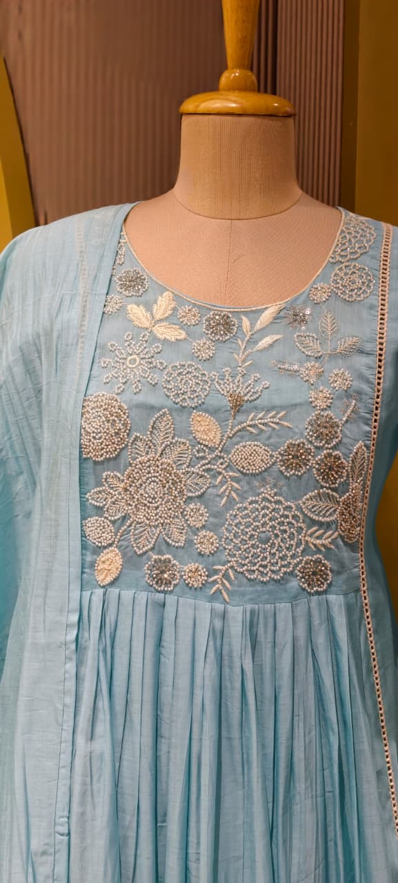 Dusty Pastel Heavy Embroidered Yoke Surat Mul-Chanderi Anarkali Full Suit set With Dupatta