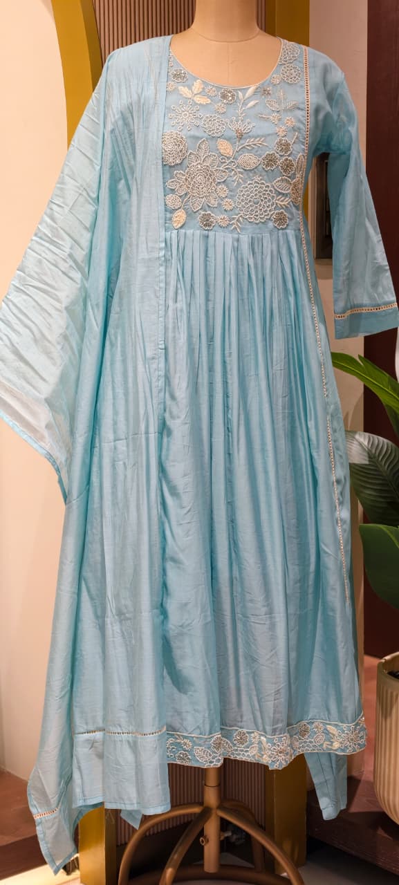 Dusty Pastel Heavy Embroidered Yoke Surat Mul-Chanderi Anarkali Full Suit set With Dupatta