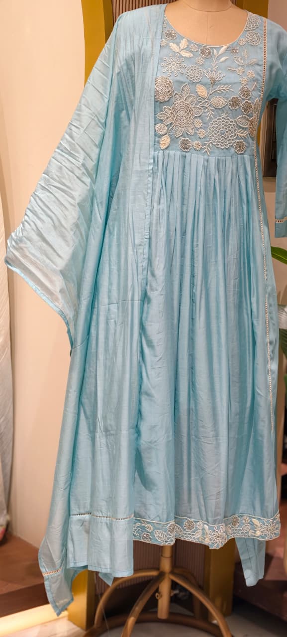 Dusty Pastel Heavy Embroidered Yoke Surat Mul-Chanderi Anarkali Full Suit set With Dupatta